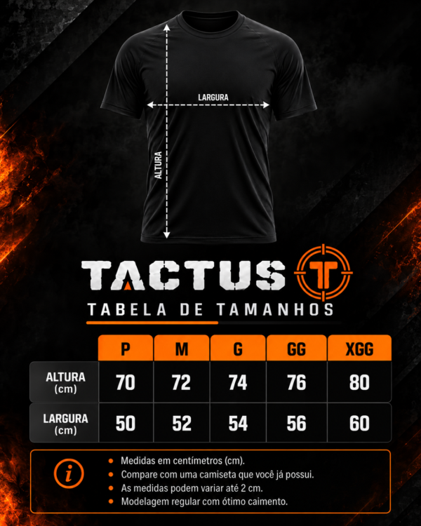 Tabela de Tamanhos Tactus em Laranja e Preto Camiseta Tactus - A Derrota é Opcional